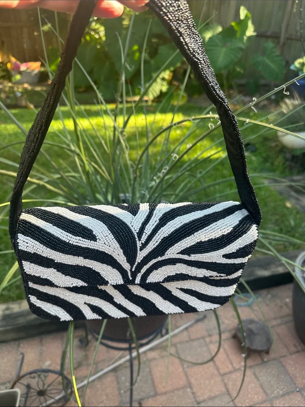 Zebra-Pattern Beaded Clutch Wristlet in Black & White Handmade in India